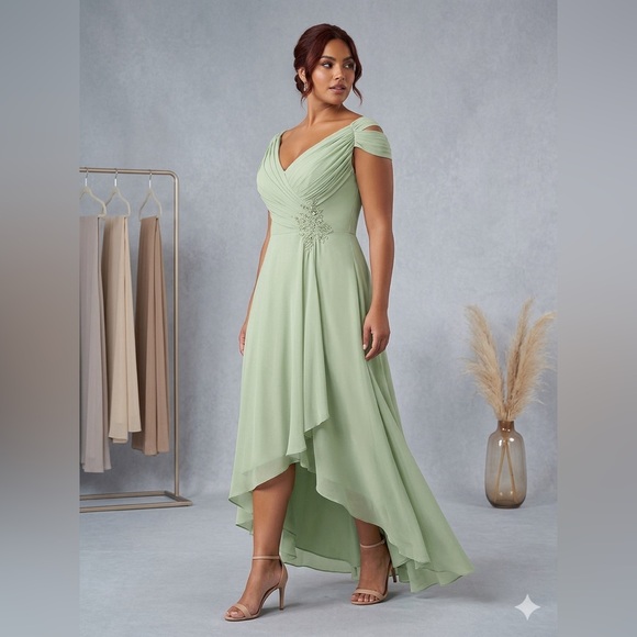 Dresses & Skirts - Elegant Light Green V-Neck Chiffon Dress